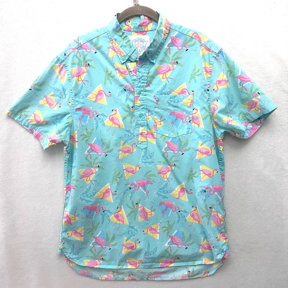 Chubbies Mens Medium Flamingo Tropical Pastel Short Sleeve Popover Shirt Blue